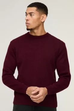 Shop boohooMAN Regular Fit Crew Neck Knitted Jumper burgundy