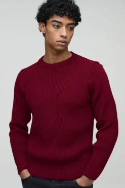 Best Sale boohooMAN Regular Fit Crew Neck Ribbed Panelled Knitted Jumper burgundy