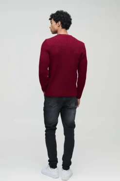 Best Sale boohooMAN Regular Fit Crew Neck Ribbed Panelled Knitted Jumper burgundy