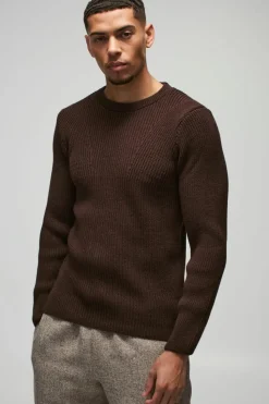 Fashion boohooMAN Regular Fit Crew Neck Ribbed Panelled Knitted Jumper chocolate