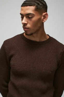 Fashion boohooMAN Regular Fit Crew Neck Ribbed Panelled Knitted Jumper chocolate
