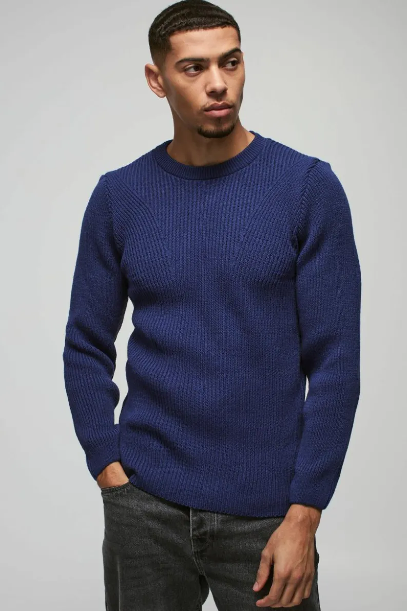 Best Sale boohooMAN Regular Fit Crew Neck Ribbed Panelled Knitted Jumper slate blue