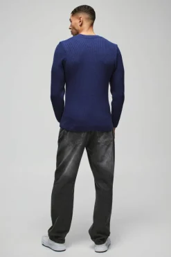 Best Sale boohooMAN Regular Fit Crew Neck Ribbed Panelled Knitted Jumper slate blue