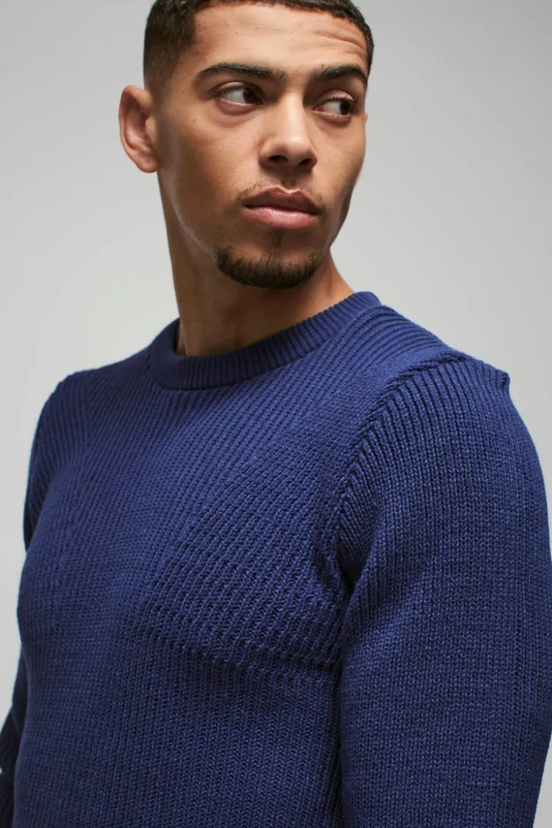 Best Sale boohooMAN Regular Fit Crew Neck Ribbed Panelled Knitted Jumper slate blue