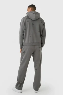 Shop boohooMAN Regular Fit Cross Printed Hooded Tracksuit charcoal