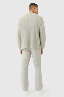 Discount boohooMAN Regular Fit Dual Zip Through Fisherman Knit Jumper light grey