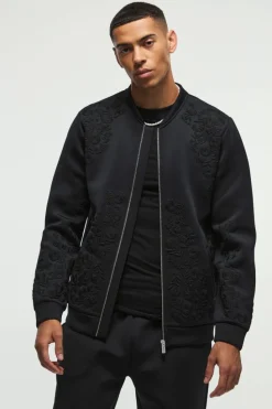 Online boohooMAN Regular Fit Floral Embroidered Scuba Bomber Jacket black