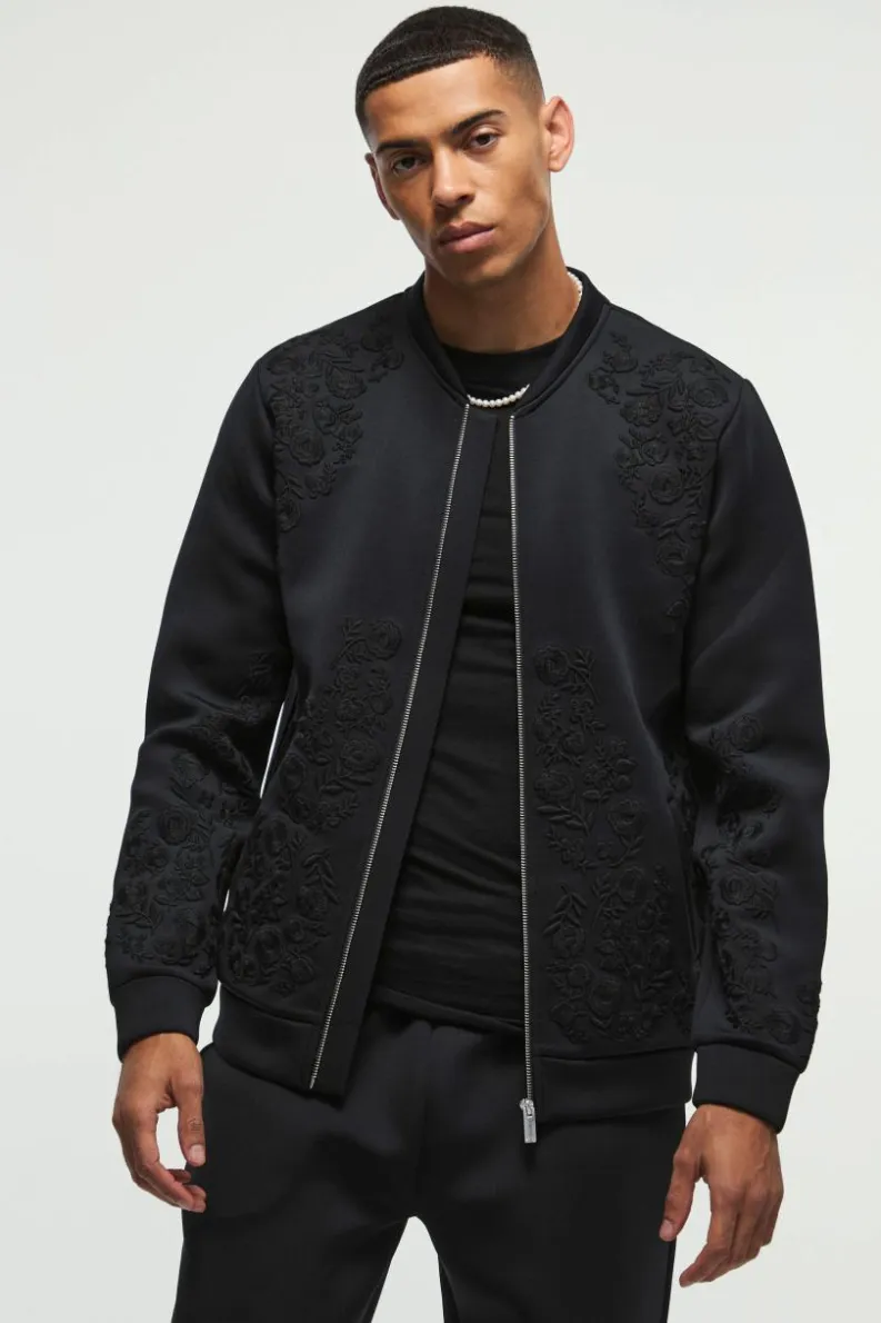 Online boohooMAN Regular Fit Floral Embroidered Scuba Bomber Jacket black