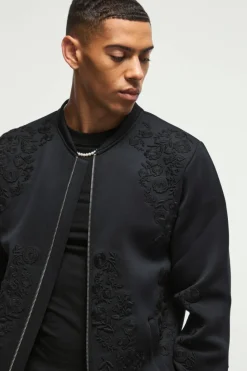 Online boohooMAN Regular Fit Floral Embroidered Scuba Bomber Jacket black