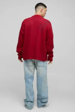 New boohooMAN Regular Fit Fluffy Cross Knitted Cardigan red