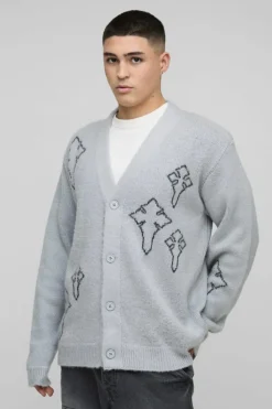Hot boohooMAN Regular Fit Fluffy Cross Knitted Cardigan grey