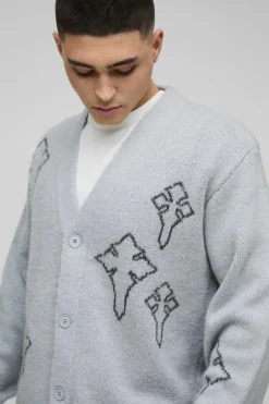 Hot boohooMAN Regular Fit Fluffy Cross Knitted Cardigan grey