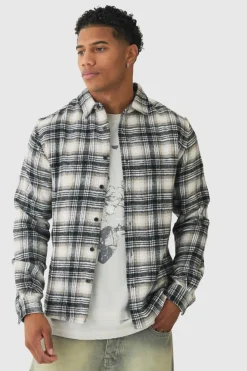 New boohooMAN Regular Fit Homme Print Check Shirt stone