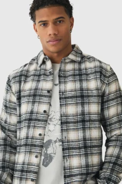 New boohooMAN Regular Fit Homme Print Check Shirt stone