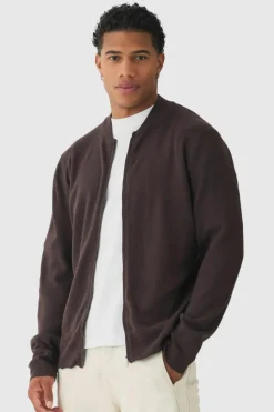 Shop boohooMAN Regular Fit Knitted Bomber Jacket chocolate