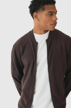 Shop boohooMAN Regular Fit Knitted Bomber Jacket chocolate