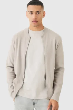 Online boohooMAN Regular Fit Knitted Bomber Jacket light grey