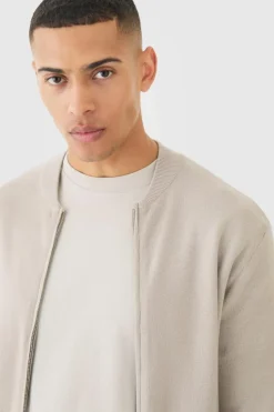 Online boohooMAN Regular Fit Knitted Bomber Jacket light grey