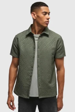 Shop boohooMAN Regular Fit Leopard Jacquard Shirt gun metal