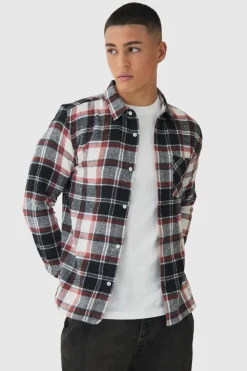 Fashion boohooMAN Regular Fit Long Sleeve Check Shirt burnt orange