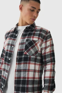 Fashion boohooMAN Regular Fit Long Sleeve Check Shirt burnt orange