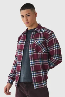 Hot boohooMAN Regular Fit Long Sleeve Check Shirt burgundy