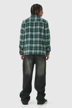 Sale boohooMAN Regular Fit Long Sleeve Check Shirt green