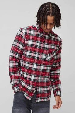 Store boohooMAN Regular Fit Long Sleeve Check Shirt red