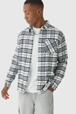 Hot boohooMAN Regular Fit Long Sleeve Check Shirt white