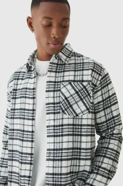 Hot boohooMAN Regular Fit Long Sleeve Check Shirt white