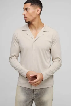 Hot boohooMAN Regular Fit Long Sleeve Interlock Shirt stone