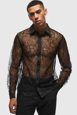 Online boohooMAN Regular Fit Long Sleeve Lace Shirt black