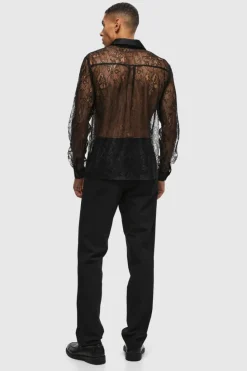 Online boohooMAN Regular Fit Long Sleeve Lace Shirt black