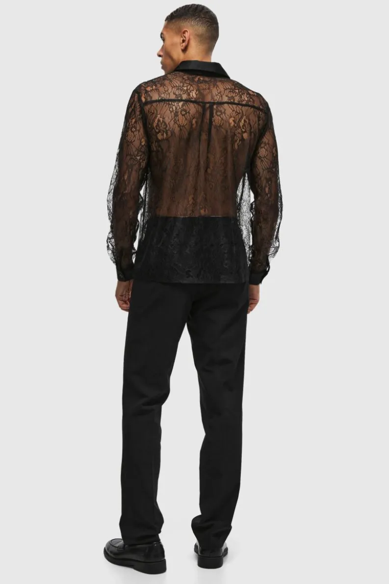 Online boohooMAN Regular Fit Long Sleeve Lace Shirt black