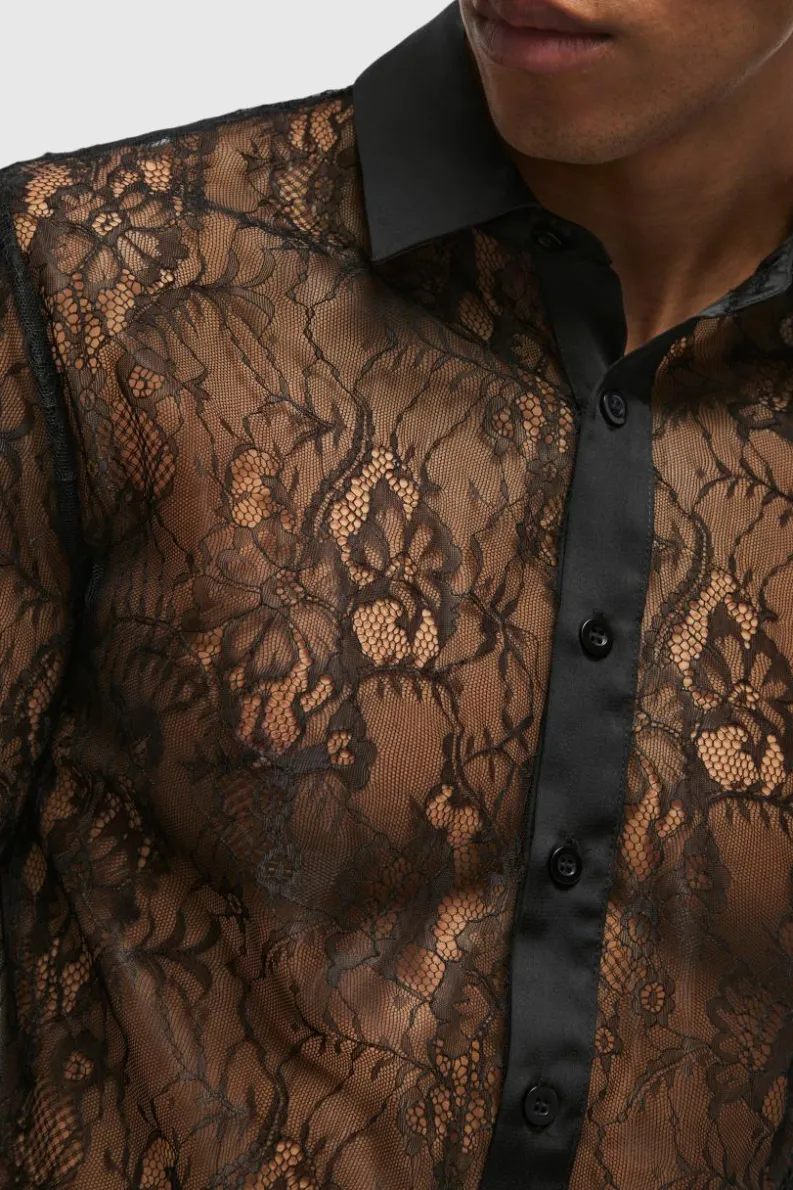 Online boohooMAN Regular Fit Long Sleeve Lace Shirt black