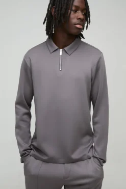 New boohooMAN Regular Fit Long Sleeve Zip Premium Scuba Polo dark grey