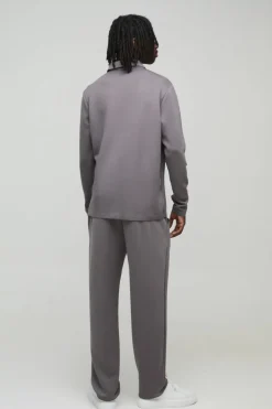 New boohooMAN Regular Fit Long Sleeve Zip Premium Scuba Polo dark grey
