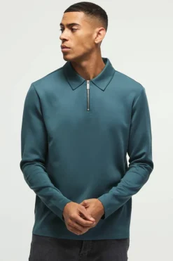 Cheap boohooMAN Regular Fit Long Sleeve Zip Premium Scuba Polo forest