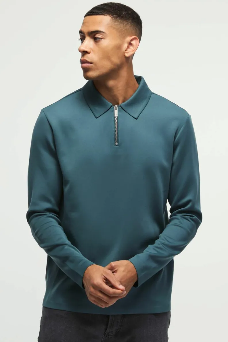 Cheap boohooMAN Regular Fit Long Sleeve Zip Premium Scuba Polo forest