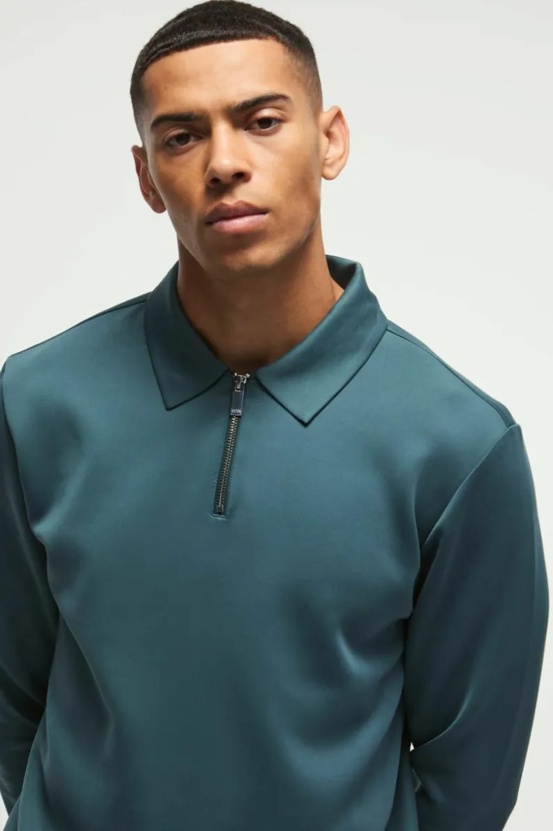 Cheap boohooMAN Regular Fit Long Sleeve Zip Premium Scuba Polo forest