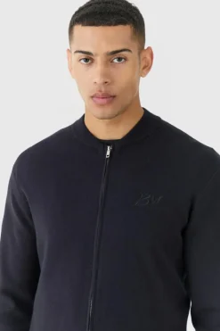 Outlet boohooMAN Regular Fit Man Branded Knitted Bomber Jacket black