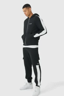 Discount boohooMAN Regular Fit MAN Colour Block Cargo Pocket Zip Through Hooded Tracksuit black