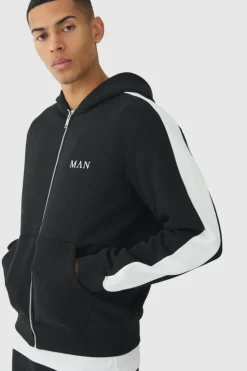 Discount boohooMAN Regular Fit MAN Colour Block Cargo Pocket Zip Through Hooded Tracksuit black