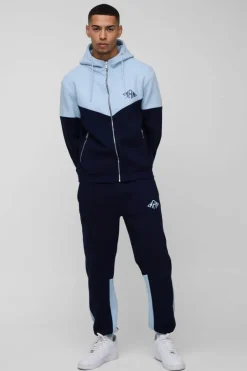 Best Sale boohooMAN Regular Fit Man Diamond Colour Block Zip Through Hooded Tracksuit navy