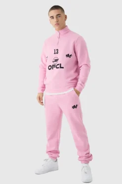 Hot boohooMAN Regular Fit OFCL Embroidered Funnel Neck Tracksuit pink