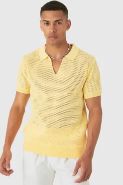 Best boohooMAN Regular Fit Open Stitch Revere Polo In yellow