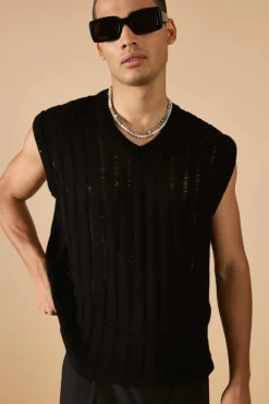 Fashion boohooMAN Regular Fit Open Stitch Vest In black