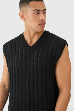 Fashion boohooMAN Regular Fit Open Stitch Vest In black