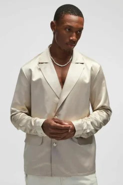 Flash Sale boohooMAN Regular Fit Pearl Button Satin Shirt taupe