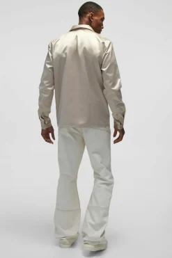 Flash Sale boohooMAN Regular Fit Pearl Button Satin Shirt taupe